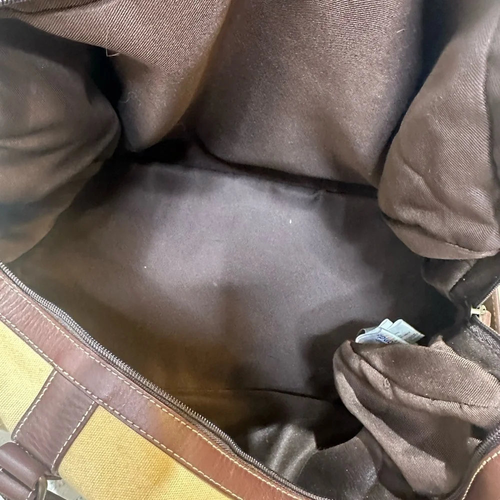 Vintage 1955 Disney Tan Canvas Duffel Bag with Leather Trim and shoulder strap